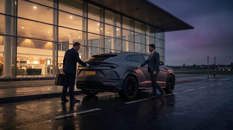 Chauffeur loading luggage into the Lamborghini Urus outside an airport terminal at dusk