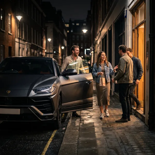 Friends arriving by chauffeur-driven Lamborghini Urus for a night out at a private venue