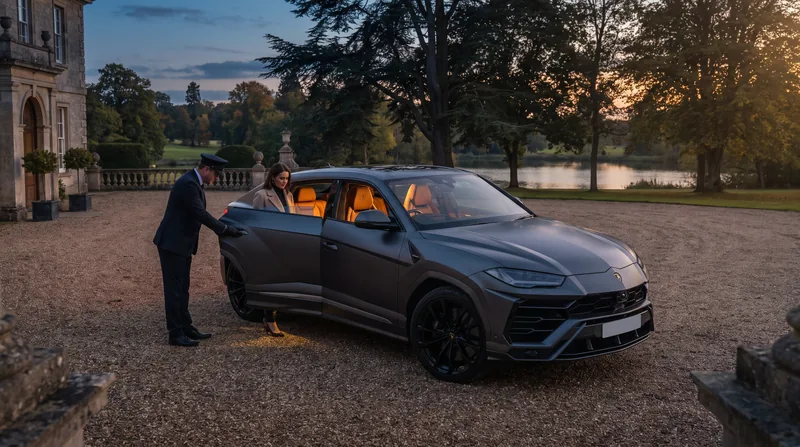 Chauffeur holding the door as a client steps into the Lamborghini Urus's tan leather cabin