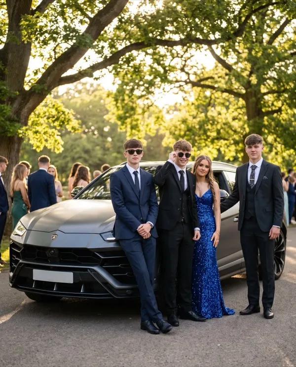 A prom group in formalwear beside the grey Urus at golden hour
