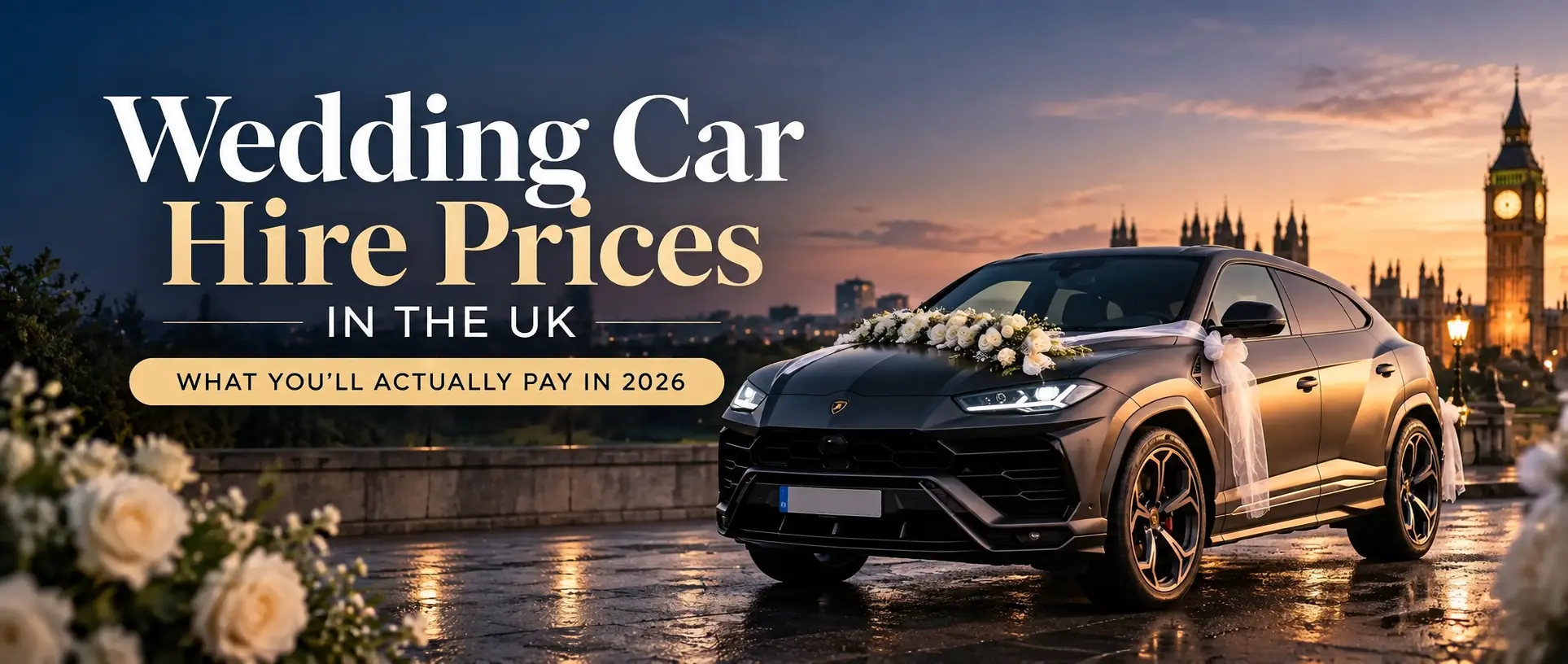 Wedding Car Hire Prices in the UK: a grey Lamborghini Urus dressed with white flowers beside Big Ben at sunset